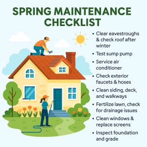 Colourful flat-style illustration of spring home maintenance tasks, including cleaning gutters, checking the roof, servicing an air conditioner, and gardening.