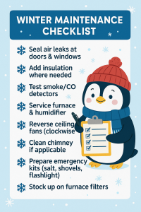 Winter home maintenance checklist illustration with icons for sealing air leaks, adding insulation, testing detectors, servicing furnace, and preparing emergency kits