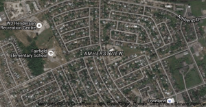 Satellite map of Amherstview, Ontario, showing residential streets, schools, and recreation centre