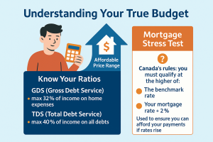 Infographic showing Canadian home buyer budget planning with GDS, TDS, and mortgage stress test requirements