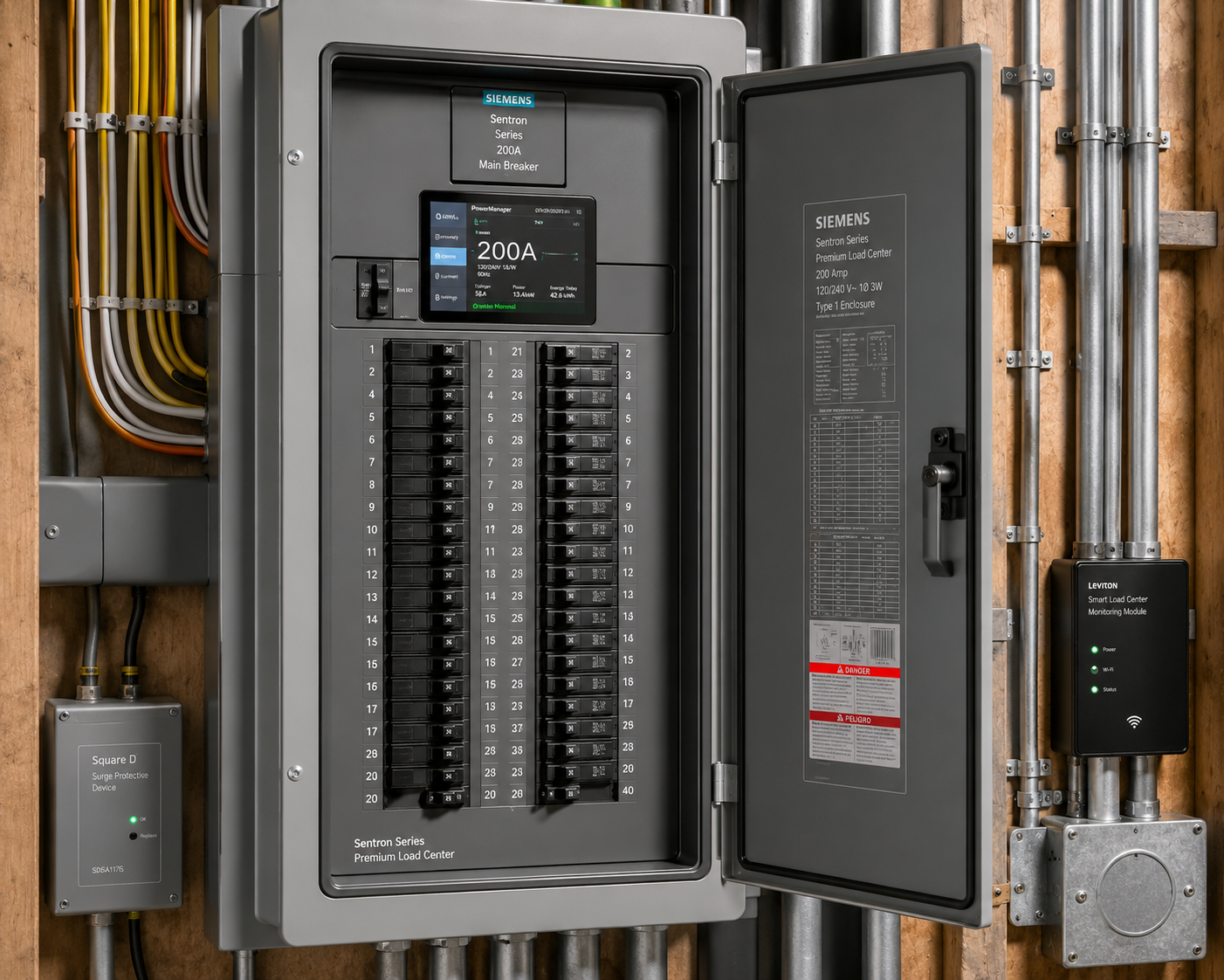 Modern 200-amp residential electrical panel with circuit breakers and power monitoring system, illustrating electrical safety and home maintenance. Bill Stevenson, REALTOR®, Century 21 Lanthorn Real Estate Ltd., Brokerage