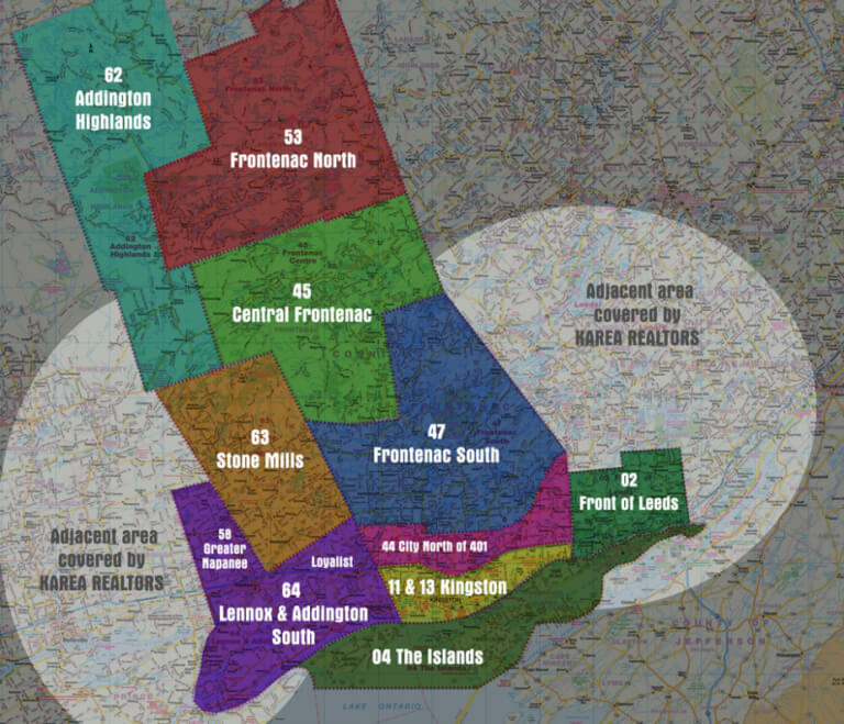 Map of Kingston and surrounding areas showing KAREA REALTOR® coverage, including Frontenac, Lennox & Addington, Stone Mills, and the Islands.