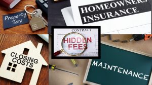 Hidden costs of buying a home in Ontario — collage with property tax, closing costs, hidden fees, homeowners insurance, and maintenance
