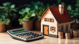 Mortgage paperwork with a house model and calculator on table