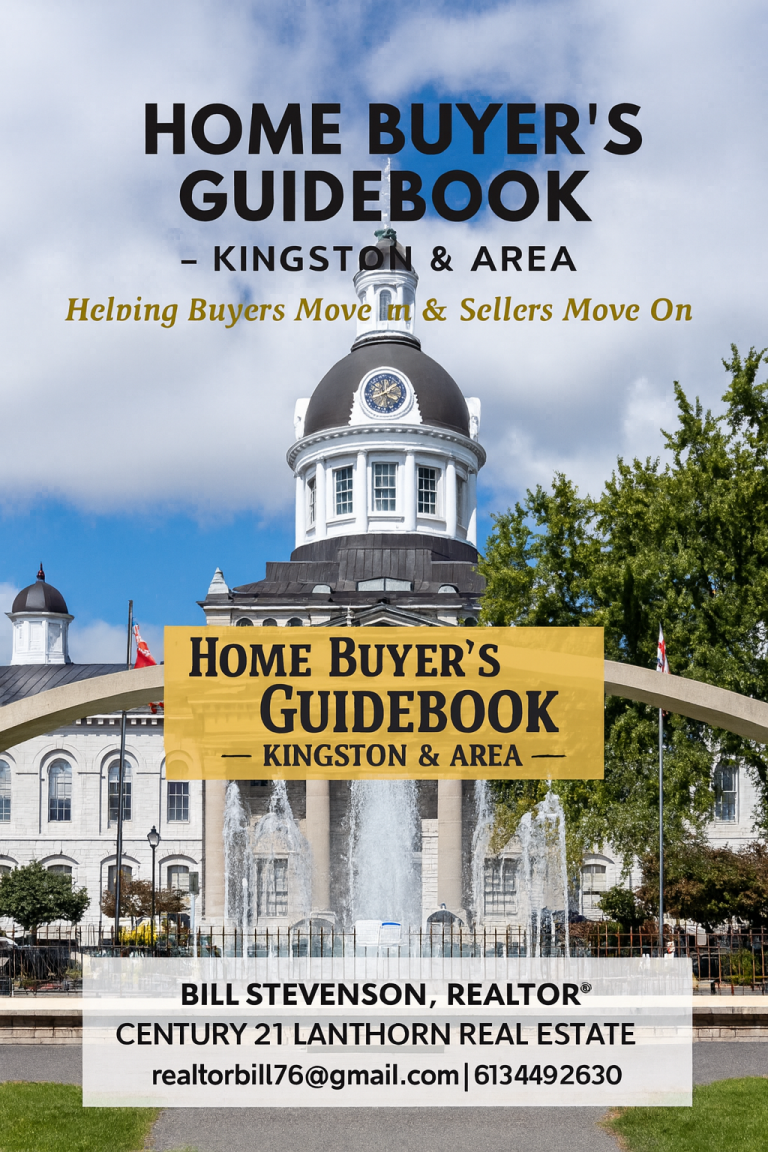 Home Buyers Guidebook showing Kingston City Hall with fountain and overlay text “Home Buyer’s Guidebook – Kingston & Area.