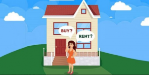 Cartoon of a woman standing in front of a house with thought bubbles “Buy?” and “Rent?”