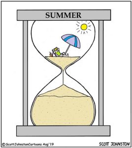 Cartoon hourglass labelled Summer, with sand running down while a person relaxes under an umbrella in the top half — symbolizing the end of summer