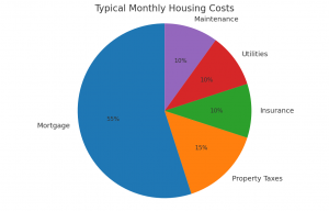 Pie chart showing housing costs: 55% mortgage, 15% property taxes, 10% insurance, 10% utilities, 10% maintenance