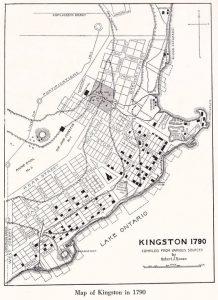 Historic 1790 map of Kingston, Ontario, showing early street grid, fortifications, waterfront, and surrounding landmarks