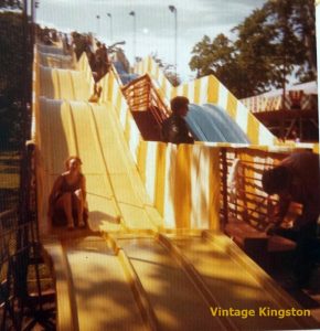 enjoying the striped amusement slide at Lake Ontario Park in Kingston during the 1970s