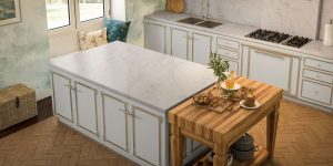 Bright, modestly upgraded kitchen with quartz counters and updated fixtures