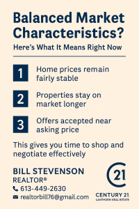 Branded infographic titled Balanced Market in Kingston – Autumn 2025, showing buyer advantages: more listings, softer prices, and stronger negotiation power. Includes Bill Stevenson, REALTOR®, Century 21 Lanthorn Real Estate branding.