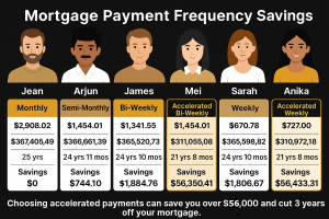 Infographic showing six diverse characters (Jean, Arjun, James, Mei, Sarah, Anika) comparing a $500,000 mortgage at 5% with different payment options — monthly, semi-monthly, bi-weekly, accelerated bi-weekly, weekly, accelerated weekly — including payment amounts, total interest, amortization periods, and savings.