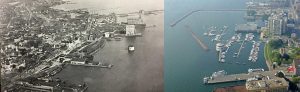 Side-by-side comparison of Kingston’s Confederation Basin waterfront, showing a historic 1919 photo with small docks and boats next to a modern 2024 view with breakwater, marina, and high-rise skyline.
