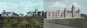 Vintage postcard view of Queen’s University arts and engineering buildings alongside the Royal Military College in Kingston, Ontario, early 1900s.