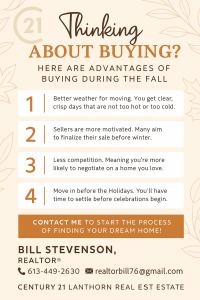 Branded infographic showing four advantages of buying a home in autumn 2025: better moving weather, motivated sellers, less competition, and moving in before the holidays. Includes Bill Stevenson, REALTOR®, Century 21 Lanthorn Real Estate branding