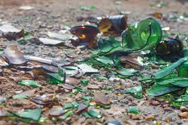 Broken green glass bottles scattered on roadside posing danger to pets