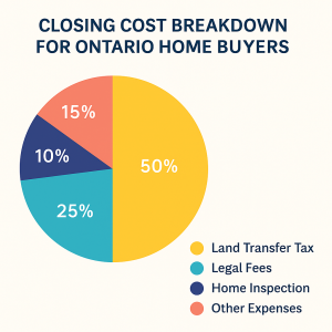 Pie chart showing closing cost breakdown for Ontario home buyers, including land transfer tax, legal fees, title insurance, home inspection, and other expenses
