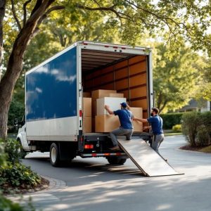 Moving truck loaded with boxes in front of a suburban home driveway