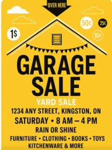 Eye-catching gold and black garage sale poster with date, time, and location for a Kingston neighbourhood sale, created by Century 21 Lanthorn Real Estate