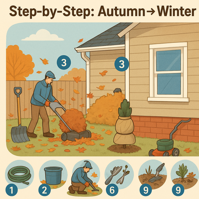 Preparing a backyard garden for winter with tasks like draining hoses, mulching beds, wrapping trees, and storing tools