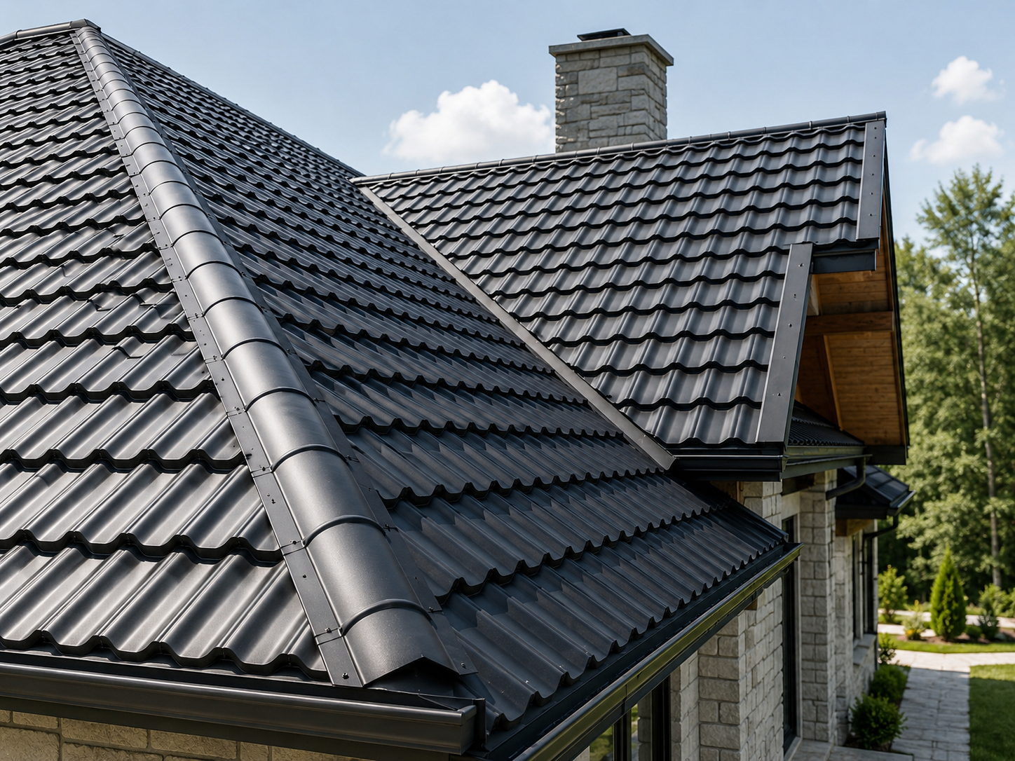 Metal roof on a home showing a durable roofing material that can help reduce long-term maintenance costs.