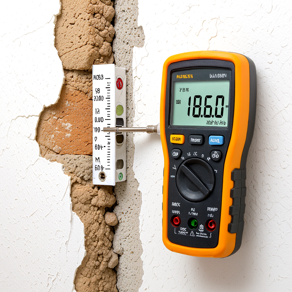 Moisture meter measuring moisture levels in an interior wall during a home inspection.