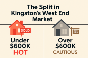 Infographic showing the split in West End Kingston real estate 2025 — under $600K is hot, over $600K is cautious