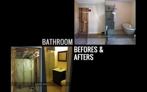 Bathroom renovation before and after photos showing transformation from bare studs to finished modern bath