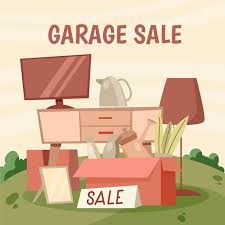 Assorted household items displayed for a garage sale in Kingston, branded for Century 21 Lanthorn Real Estate