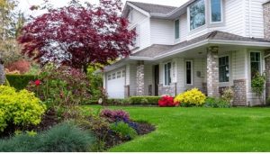 Front yard of a home with colourful shrubs, bright lawn, and tidy entryway showing curb appeal in every season.