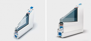 Two triple-glazed energy efficient window cross-sections showing frame and insulation layers