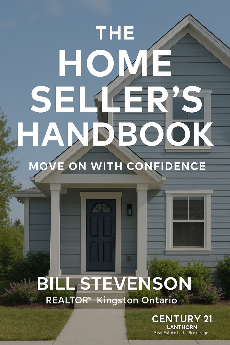 Home Seller Handbook cover design by Bill Stevenson REALTOR®, Century 21 Lanthorn Real Estate Ltd., Brokerage, Kingston Ontario – homeowner standing beside SOLD sign.