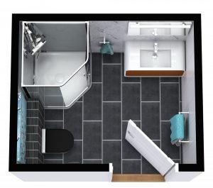 3-piece small bathroom layout with corner shower and wall-mounted vanity