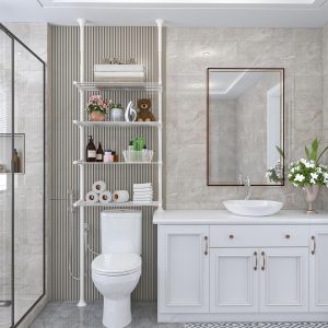 Vertical shelving installed above a toilet in a small bathroom to increase storage