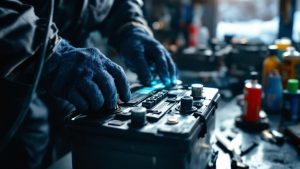 Mechanic testing car battery before winter in Kingston