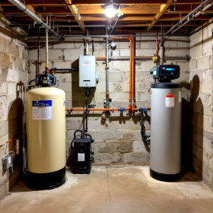 rural well equipment in the basement of a Kingston area home showing a pressure tank, water softener, hot water tank, and related well equipment. Bill Stevenson, REALTOR, Century 21 Lanthorn Real Estate Ltd., Brokerage