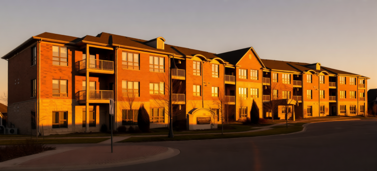 Midtown Kingston brick condo building on Augusta at sunset, showing low-rise condo living near shops and services – Bill Stevenson, REALTOR®, Century 21 Lanthorn Real Estate Ltd., Brokerage