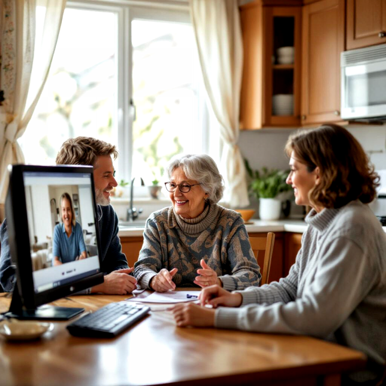 Older parent and adult children meeting over video call in a Kingston kitchen, planning the sale of their family home with support from a REALTOR®.