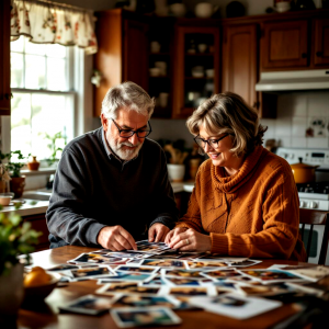 Older Kingston couple sitting at a kitchen table sorting family photographs while preparing to sell their family home. Bill Stevenson, REALTOR®, Century 21 Lanthorn Real Estate Ltd., Brokerage