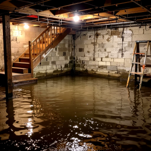 Flooded unfinished basement with standing water showing severe water damage in a Kingston home, Bill Stevenson, REALTOR®, Century 21 Lanthorn Real Estate Ltd., Brokerage