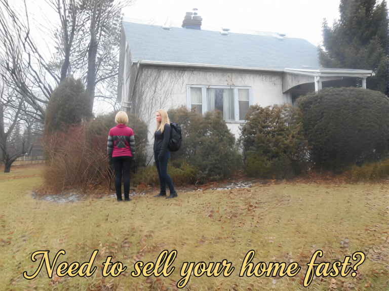 Two people speaking outside a small Kingston home with overgrown shrubs, representing the need for a fast sale of a family home Bill Stevenson REALTOR, Century 21 Lanthorn Real Estate Ltd Brokerage