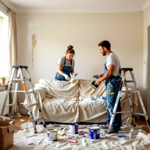 A couple painting their living room and completing repairs to get their home ready for a fast sale, Kingston Ontario, Bill Stevenson REALTOR, Century 21 Lanthorn Real Estate Ltd Brokerage