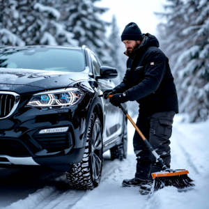 Man brushing snow off car on a snowy Kingston area road, showing proper winter car preparation