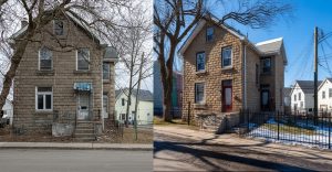 Side by side before and after photos showing the exterior renovation of a fixer upper home in Kingston, Bill Stevenson, REALTOR, Century 21 Lanthorn Real Estate Ltd, Brokerage