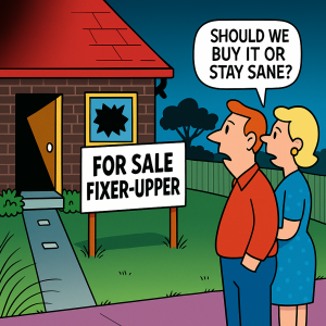 Humorous cartoon of a couple standing in front of a fixer-upper house with a sign that says “For Sale, Fixer-Upper,” and one spouse asks, “Should we buy it or would you prefer to stay married?” Cartoon created for a Kingston Ontario real estate article. Bill Stevenson, REALTOR®, Century 21 Lanthorn Real Estate Ltd., Brokerage.