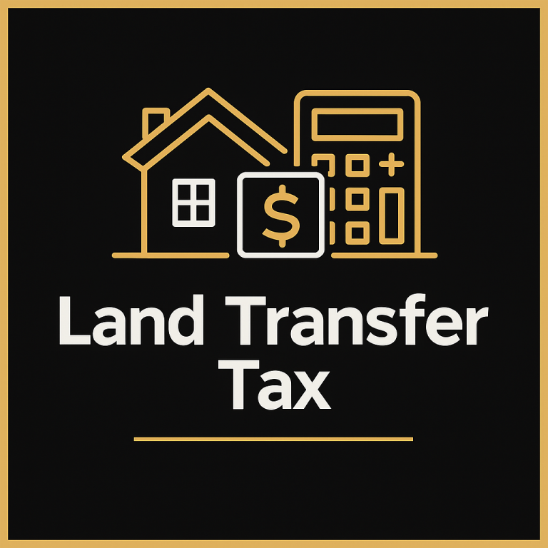 Land transfer tax graphic with house and calculator icons in black and gold created for Kingston and Eastern Ontario home buyers by Bill Stevenson REALTOR Century 21 Lanthorn Real Estate Ltd Brokerage