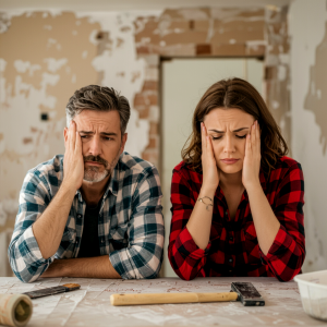 A stressed couple sitting in a partially renovated room, showing the emotional side of buying a fixer-upper in Kingston, Bill Stevenson, REALTOR®, Century 21 Lanthorn Real Estate Ltd, Brokerage