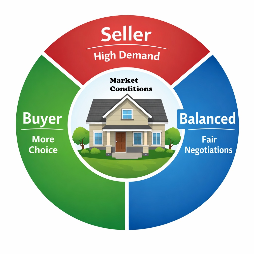 Buyer, Seller and Balanced market conditions illustrated with a house at the centre, showing how market conditions affect buyers and sellers in Kingston and area, Bill Stevenson, REALTOR®, Century 21 Lanthorn Real Estate Ltd., Brokerage