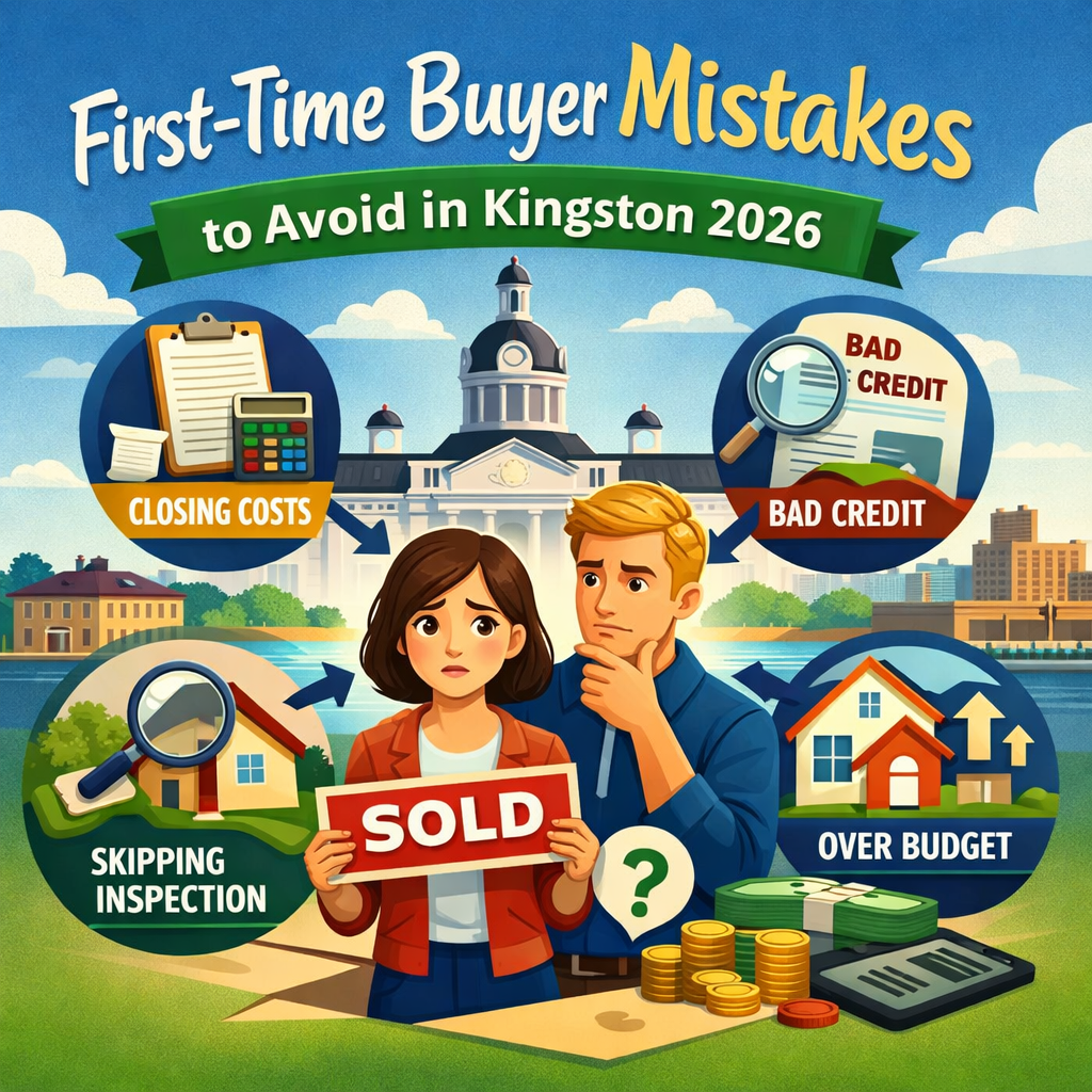 Illustration showing common first-time home buyer mistakes in Kingston Ontario including closing costs, credit issues, skipping inspections, and buying over budget, Bill Stevenson REALTOR®, Century 21 Lanthorn Real Estate Ltd., Brokerage